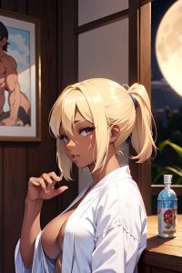 anime,muscular,small tits,50s age,seductive face,blonde,pixie hair style,dark skin,skin detail (beta),moon,side view,working out,bathrobe