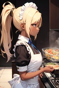 anime,busty,small tits,18 age,serious face,blonde,ponytail hair style,dark skin,skin detail (beta),mall,side view,cooking,maid