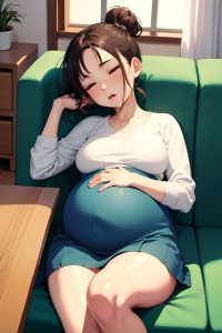 anime,pregnant,small tits,70s age,orgasm face,brunette,hair bun hair style,light skin,illustration,couch,front view,sleeping,mini skirt