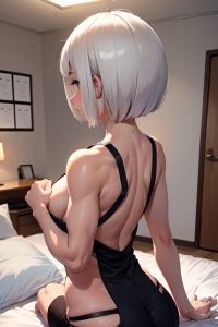 anime,muscular,small tits,50s age,shocked face,white hair,bobcut hair style,light skin,charcoal,bedroom,back view,yoga,geisha