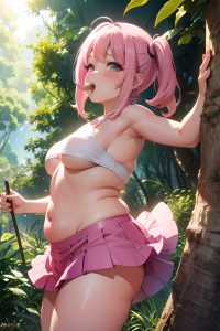 anime,chubby,small tits,40s age,ahegao face,pink hair,pixie hair style,light skin,film photo,jungle,side view,eating,mini skirt