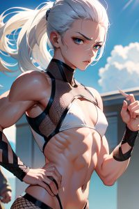 anime,muscular,small tits,18 age,serious face,white hair,slicked hair style,light skin,watercolor,train,close-up view,plank,fishnet