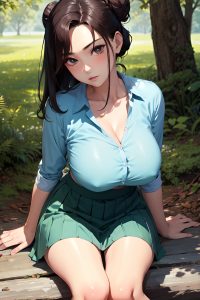 anime,skinny,huge boobs,40s age,serious face,brunette,hair bun hair style,dark skin,soft anime,forest,front view,cumshot,schoolgirl