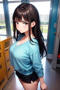 anime,busty,small tits,50s age,serious face,brunette,bangs hair style,light skin,comic,locker room,side view,t-pose,teacher