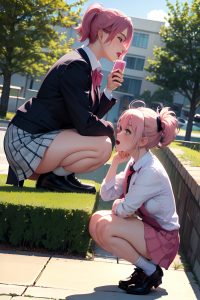 anime,chubby,small tits,20s age,ahegao face,pink hair,pixie hair style,light skin,dark fantasy,pool,side view,squatting,schoolgirl