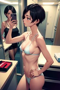anime,skinny,small tits,30s age,seductive face,black hair,pixie hair style,light skin,mirror selfie,office,side view,sleeping,teacher
