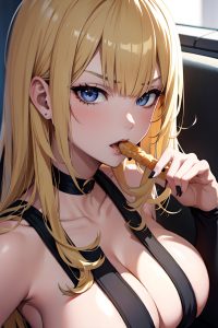 anime,skinny,huge boobs,20s age,angry face,blonde,bangs hair style,dark skin,black and white,club,close-up view,eating,goth