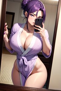 anime,muscular,huge boobs,40s age,serious face,purple hair,hair bun hair style,dark skin,mirror selfie,lake,close-up view,cumshot,bathrobe