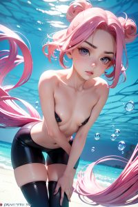 anime,skinny,small tits,30s age,pouting lips face,pink hair,slicked hair style,light skin,3d,underwater,front view,bending over,stockings