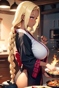anime,skinny,huge boobs,50s age,shocked face,blonde,braided hair style,dark skin,charcoal,cave,side view,cooking,kimono