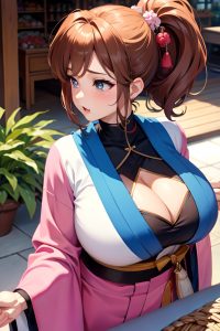 anime,busty,huge boobs,80s age,shocked face,brunette,ponytail hair style,light skin,watercolor,grocery,close-up view,massage,kimono