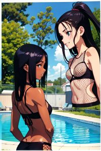 anime,skinny,small tits,80s age,laughing face,black hair,straight hair style,dark skin,warm anime,pool,back view,massage,fishnet