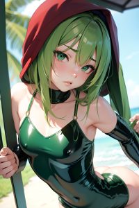 anime,muscular,small tits,18 age,sad face,green hair,straight hair style,light skin,soft + warm,oasis,close-up view,spreading legs,latex