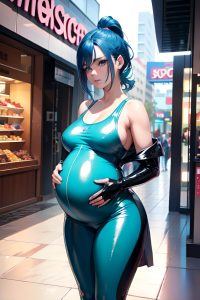 anime,pregnant,small tits,80s age,sad face,blue hair,slicked hair style,light skin,crisp anime,mall,back view,plank,latex