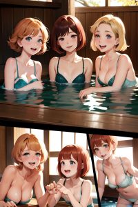 anime,busty,small tits,50s age,laughing face,ginger,bobcut hair style,light skin,vintage,onsen,side view,plank,lingerie