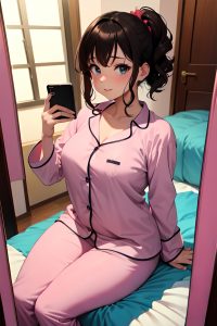 anime,chubby,small tits,80s age,seductive face,brunette,messy hair style,light skin,mirror selfie,stage,front view,straddling,pajamas