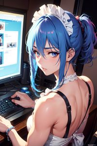 anime,muscular,small tits,20s age,sad face,blue hair,messy hair style,dark skin,cyberpunk,club,side view,gaming,maid