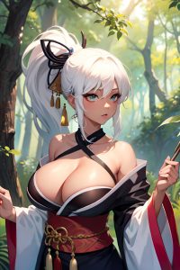 anime,skinny,huge boobs,20s age,shocked face,white hair,ponytail hair style,dark skin,painting,forest,front view,on back,kimono