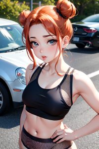 anime,busty,small tits,50s age,pouting lips face,ginger,hair bun hair style,light skin,crisp anime,car,front view,working out,fishnet