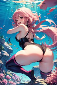 anime,chubby,small tits,30s age,laughing face,pink hair,messy hair style,light skin,illustration,underwater,back view,bending over,stockings