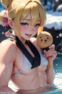 anime,muscular,small tits,70s age,laughing face,blonde,hair bun hair style,light skin,vintage,snow,close-up view,bathing,kimono