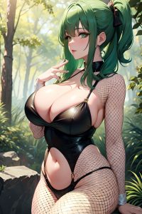 anime,busty,huge boobs,20s age,seductive face,green hair,bangs hair style,light skin,watercolor,forest,side view,cumshot,fishnet