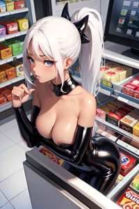 anime,busty,small tits,60s age,pouting lips face,white hair,ponytail hair style,dark skin,soft anime,grocery,back view,bending over,latex