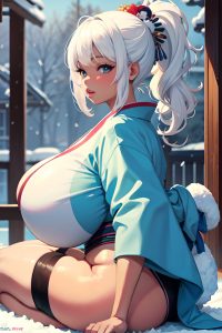 anime,chubby,huge boobs,60s age,pouting lips face,white hair,ponytail hair style,dark skin,watercolor,snow,side view,straddling,kimono