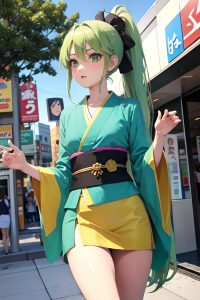 anime,skinny,small tits,18 age,shocked face,green hair,ponytail hair style,light skin,vintage,mall,front view,yoga,kimono