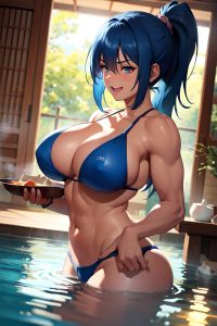 anime,muscular,huge boobs,30s age,laughing face,blue hair,ponytail hair style,dark skin,soft + warm,onsen,side view,cooking,teacher