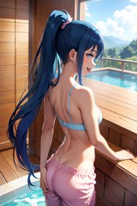 anime,busty,small tits,18 age,laughing face,blue hair,ponytail hair style,dark skin,soft + warm,sauna,back view,bathing,pajamas