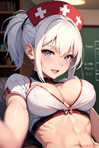 anime,muscular,small tits,50s age,happy face,white hair,bangs hair style,light skin,illustration,oasis,front view,massage,nurse
