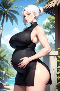 anime,pregnant,huge boobs,30s age,happy face,white hair,pixie hair style,light skin,charcoal,jungle,side view,gaming,teacher