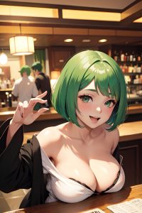 anime,chubby,small tits,60s age,laughing face,green hair,bobcut hair style,light skin,black and white,bar,close-up view,gaming,bathrobe