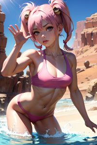 anime,muscular,small tits,80s age,pouting lips face,pink hair,pigtails hair style,light skin,dark fantasy,desert,front view,bathing,teacher