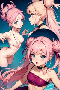 anime,busty,small tits,80s age,shocked face,pink hair,hair bun hair style,dark skin,soft anime,casino,side view,t-pose,partially nude