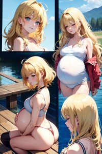 anime,pregnant,small tits,70s age,happy face,blonde,messy hair style,light skin,watercolor,lake,back view,sleeping,latex