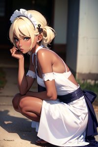 anime,skinny,small tits,70s age,pouting lips face,blonde,pixie hair style,dark skin,dark fantasy,wedding,side view,squatting,maid