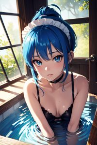 anime,skinny,small tits,70s age,seductive face,blue hair,ponytail hair style,light skin,comic,prison,close-up view,bathing,maid