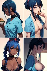 anime,busty,small tits,70s age,seductive face,blue hair,braided hair style,dark skin,skin detail (beta),lake,back view,eating,nurse