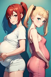 anime,pregnant,small tits,40s age,seductive face,ginger,pigtails hair style,light skin,watercolor,strip club,back view,on back,pajamas