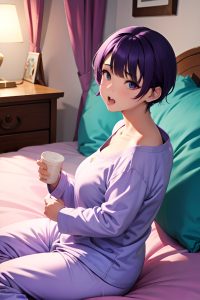 anime,chubby,small tits,18 age,orgasm face,purple hair,pixie hair style,dark skin,vintage,bedroom,side view,eating,pajamas
