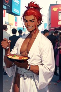 anime,muscular,small tits,80s age,laughing face,ginger,slicked hair style,dark skin,cyberpunk,club,front view,eating,bathrobe