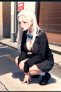 anime,skinny,huge boobs,18 age,orgasm face,white hair,slicked hair style,dark skin,film photo,street,side view,squatting,schoolgirl