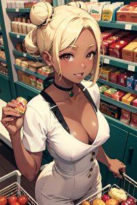 anime,busty,small tits,40s age,happy face,blonde,hair bun hair style,dark skin,film photo,grocery,front view,cumshot,latex