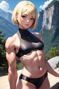 anime,muscular,small tits,40s age,pouting lips face,blonde,bobcut hair style,dark skin,charcoal,mountains,front view,massage,teacher