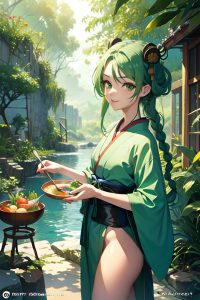 anime,skinny,small tits,20s age,happy face,green hair,braided hair style,light skin,painting,jungle,front view,cooking,geisha