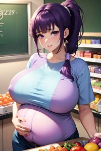 anime,pregnant,huge boobs,70s age,pouting lips face,purple hair,ponytail hair style,light skin,soft + warm,grocery,front view,gaming,teacher