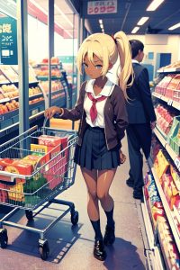 anime,skinny,small tits,60s age,shocked face,blonde,ponytail hair style,dark skin,warm anime,grocery,front view,sleeping,schoolgirl
