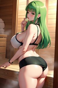 anime,busty,huge boobs,60s age,pouting lips face,green hair,bangs hair style,light skin,soft + warm,sauna,back view,eating,mini skirt